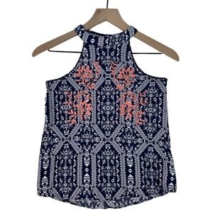 Xhilaration Navy Blue Geometric Coral Floral Embroidery Sleeveless Halter Top XS
